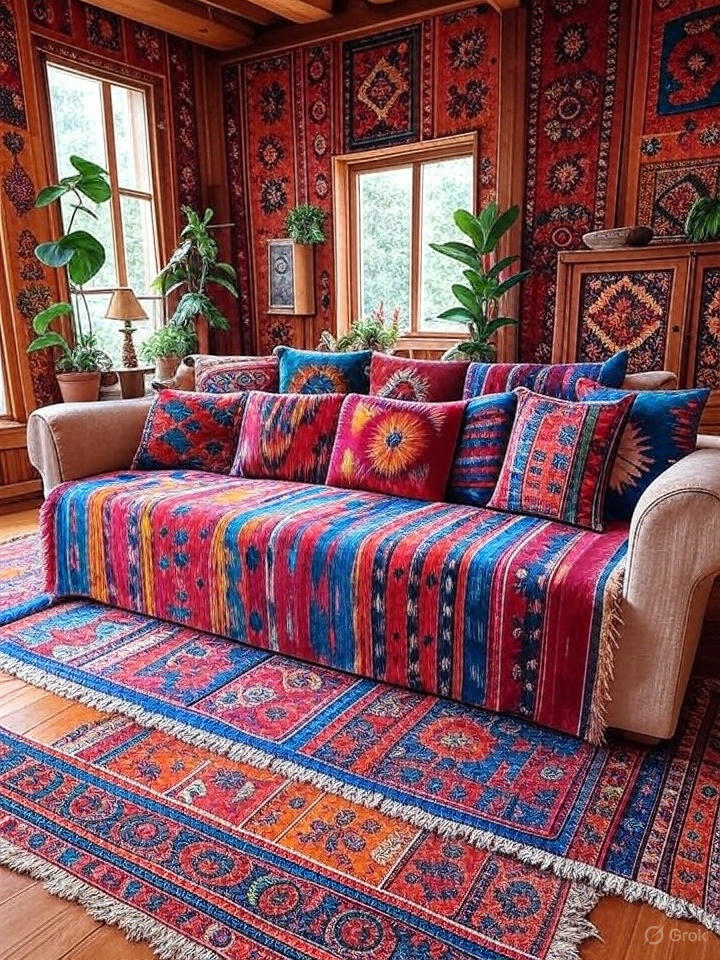 A vibrant, bohemian-style living room with a colorful patterned sofa, pillows, and wall tapestries, featuring potted plants and wooden accents. 