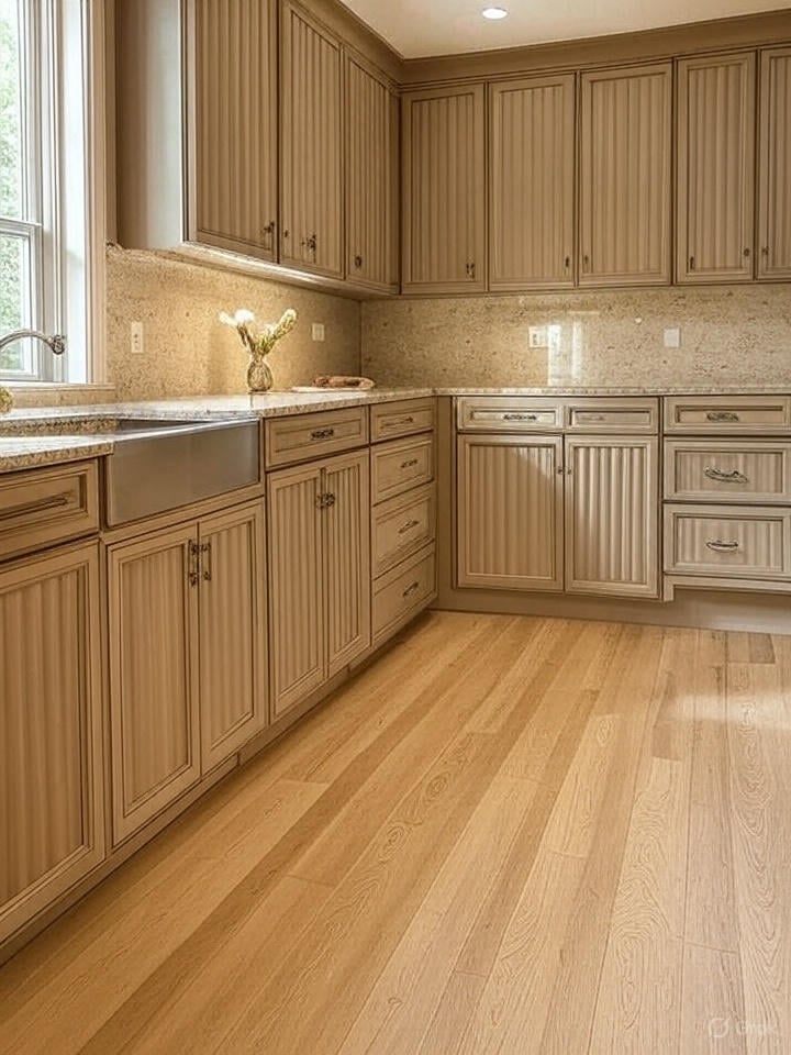 Neutral kitchen cabinetry featuring fluted, ribbed, and shaker-style cabinet fronts with subtle detailing, creating visual interest while maintaining a soft, modern color palette.