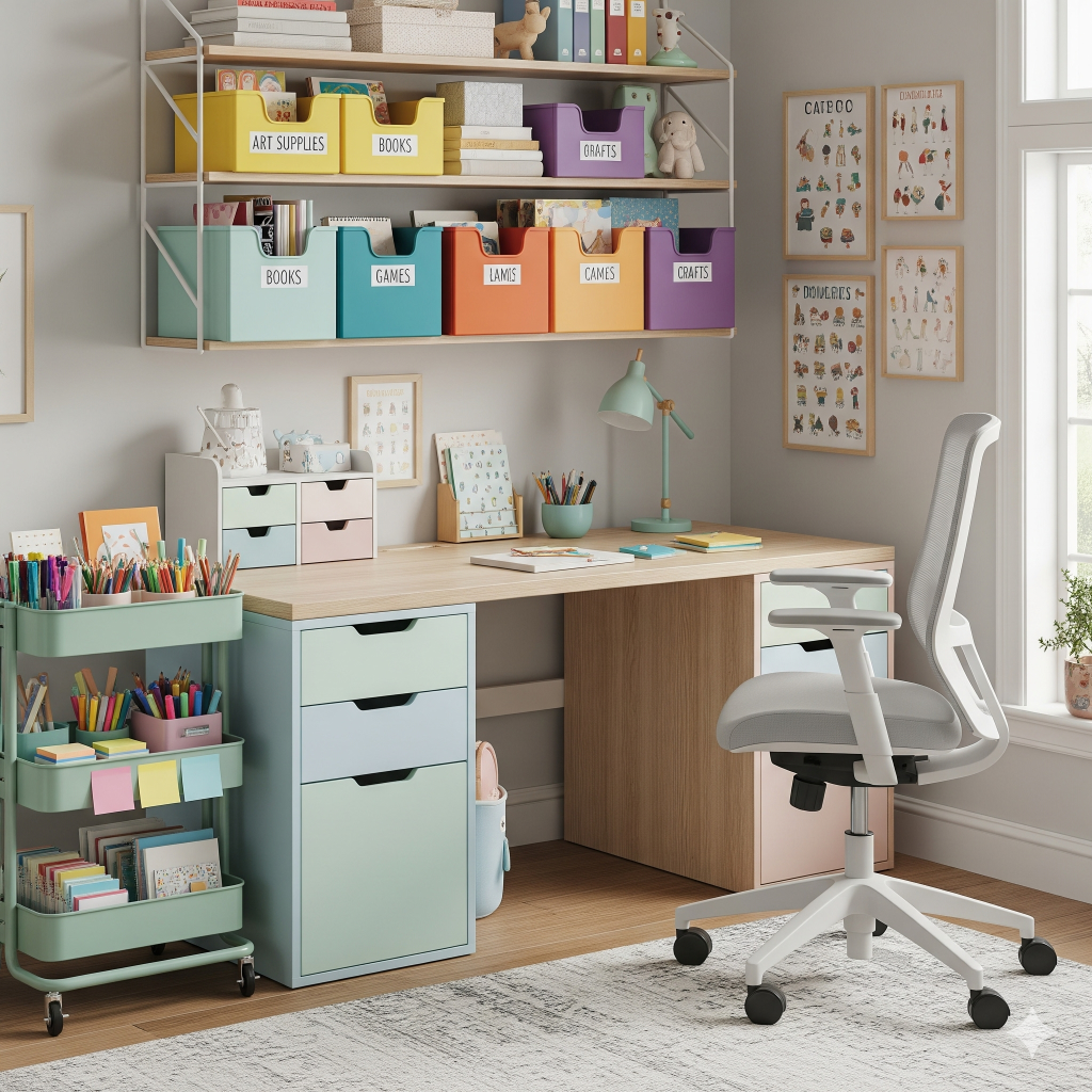 A colorful and organized children's study room with a desk, chair, and shelves filled with labeled storage bins for art supplies, books, games, and crafts.