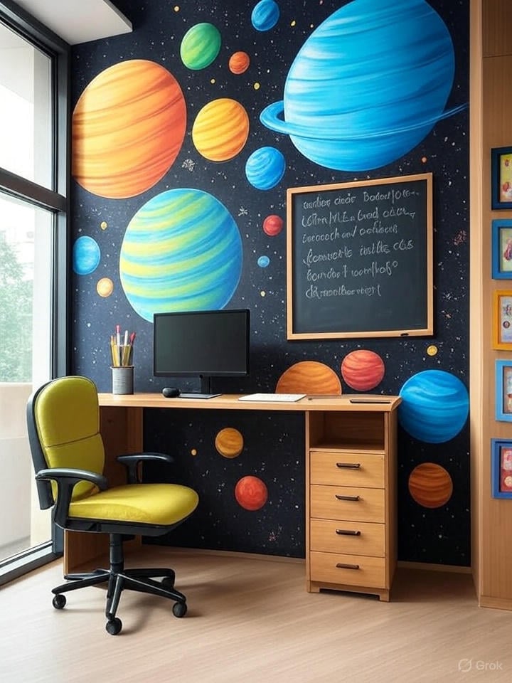 A colorful child's study area with a desk, a bright yellow chair, and a blackboard, set against a dark wall mural depicting planets and stars in outer space. 