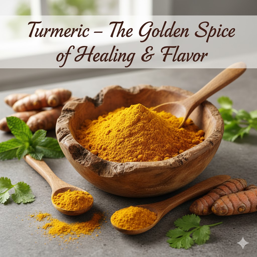 Spices showcased in a wooden bowl filled with vibrant yellow turmeric powder, a wooden spoon, fresh turmeric roots, and green leaves, highlighting turmeric as a golden spice of flavor and aroma