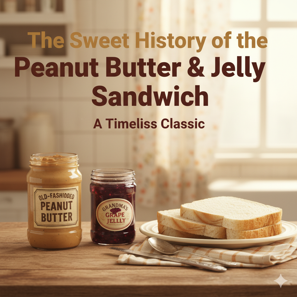 Vintage peanut butter and jelly sandwich ingredients on rustic counter.