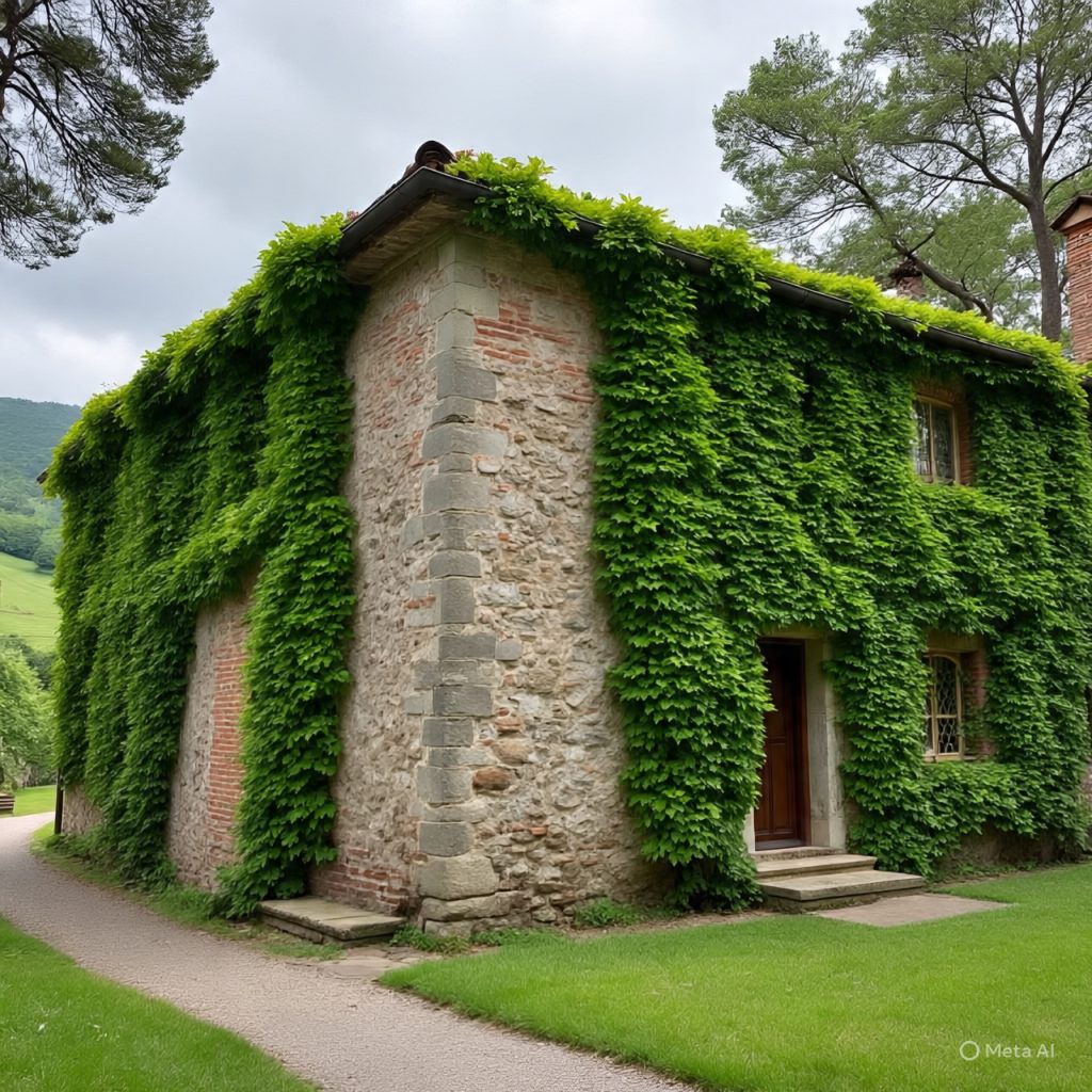 Restored Italian country house with stone and brick walls.