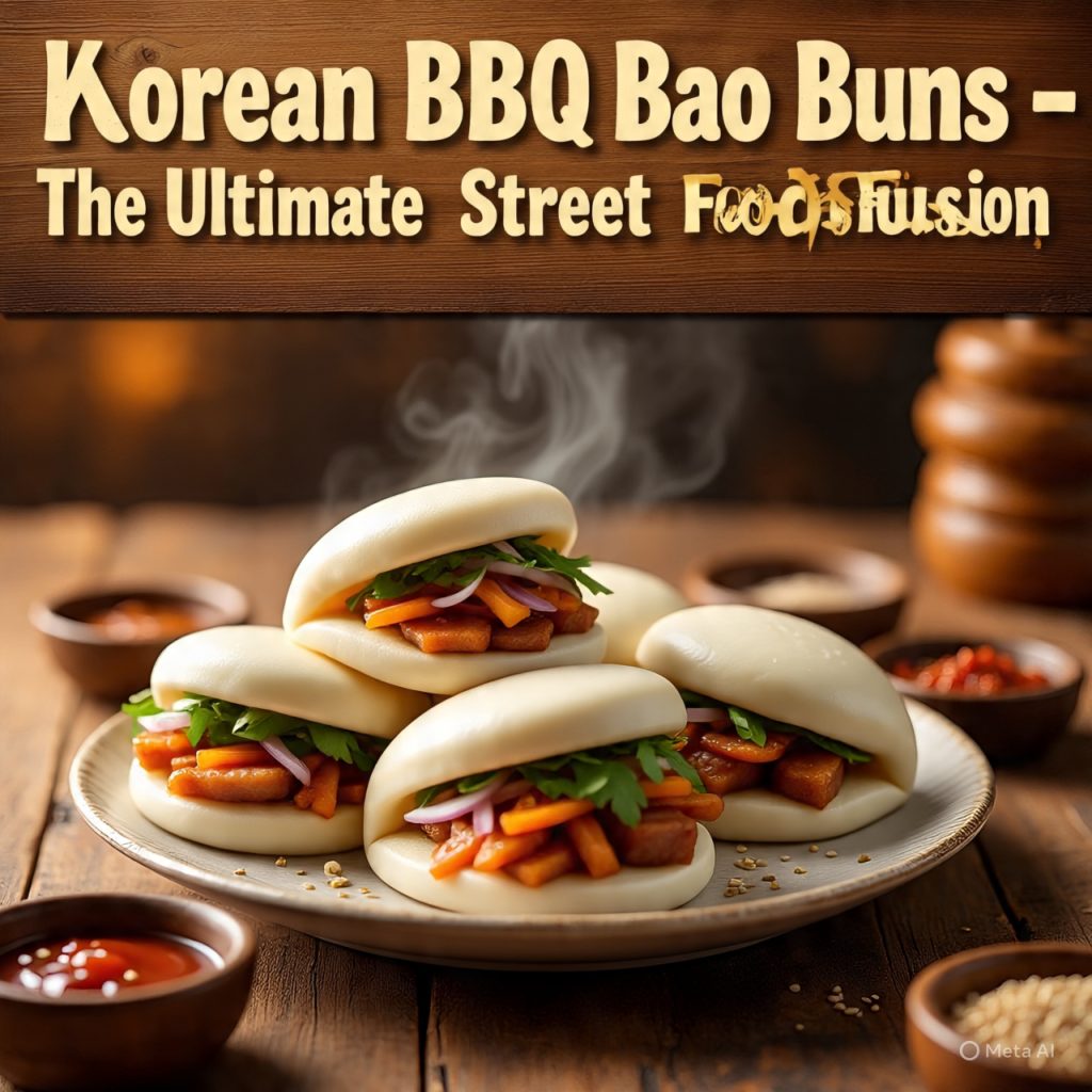 Steaming Korean BBQ bao buns on a wooden table with sauces.