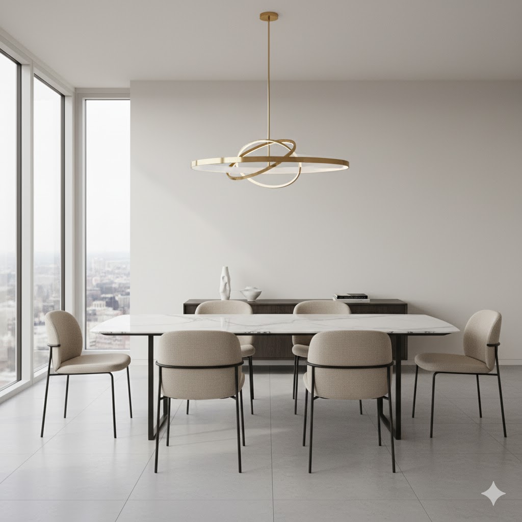 Modern minimalist dining room with marble table and pendant light.