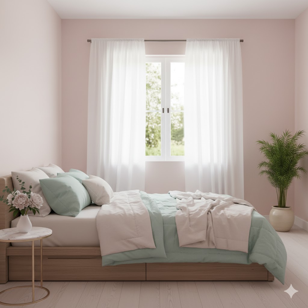Pastel spring bedroom with blush and mint tones for a fresh seasonal look.