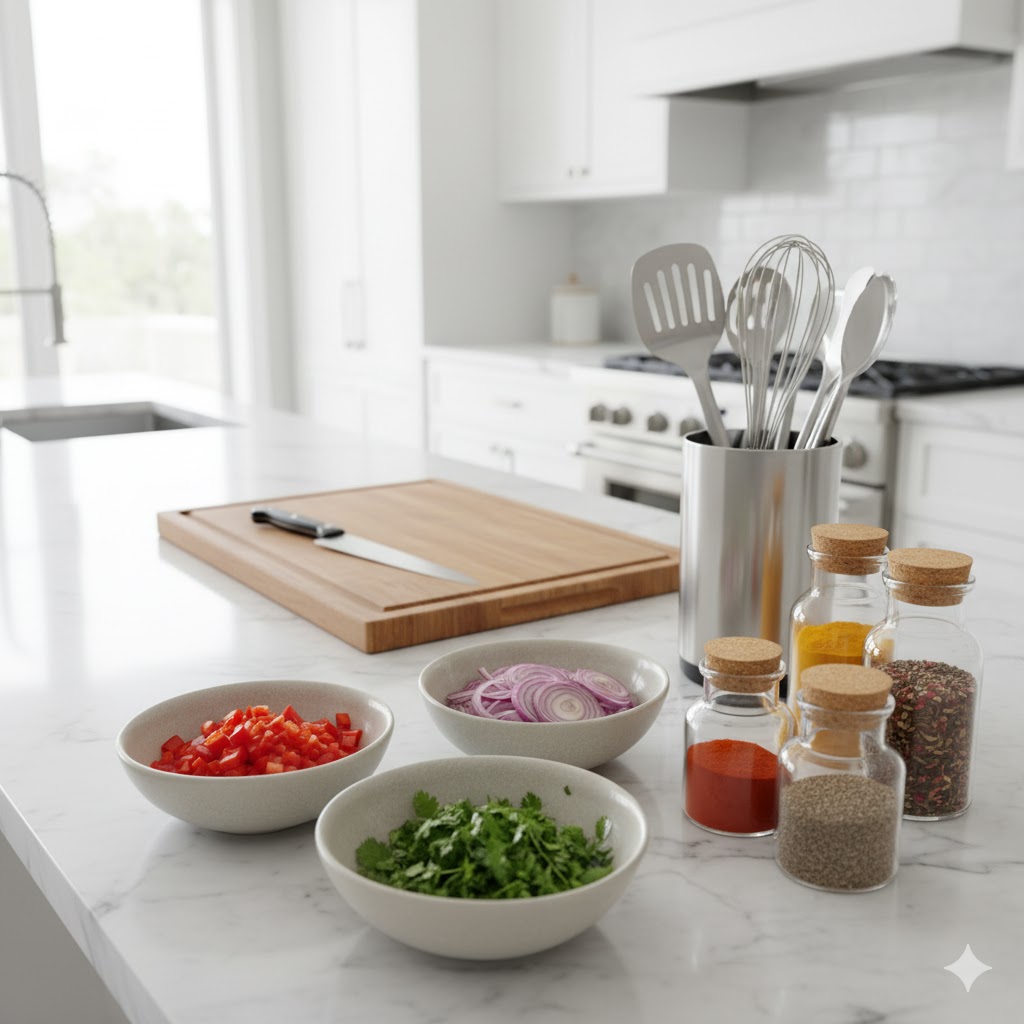 Organized cooking station demonstrating essential cooking tips with ingredients prepped and ready