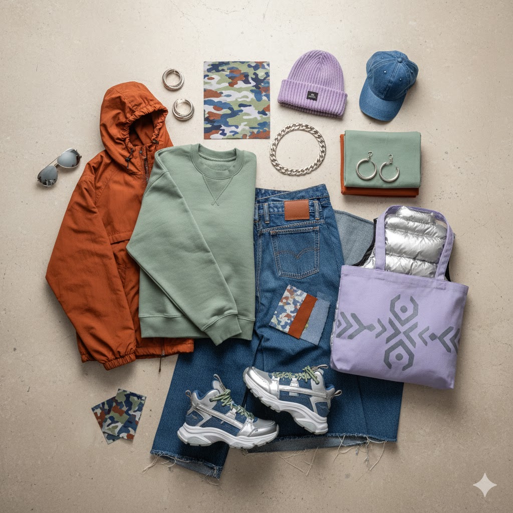 Moodboard of 2025 streetwear colors showing fabrics and accessories.