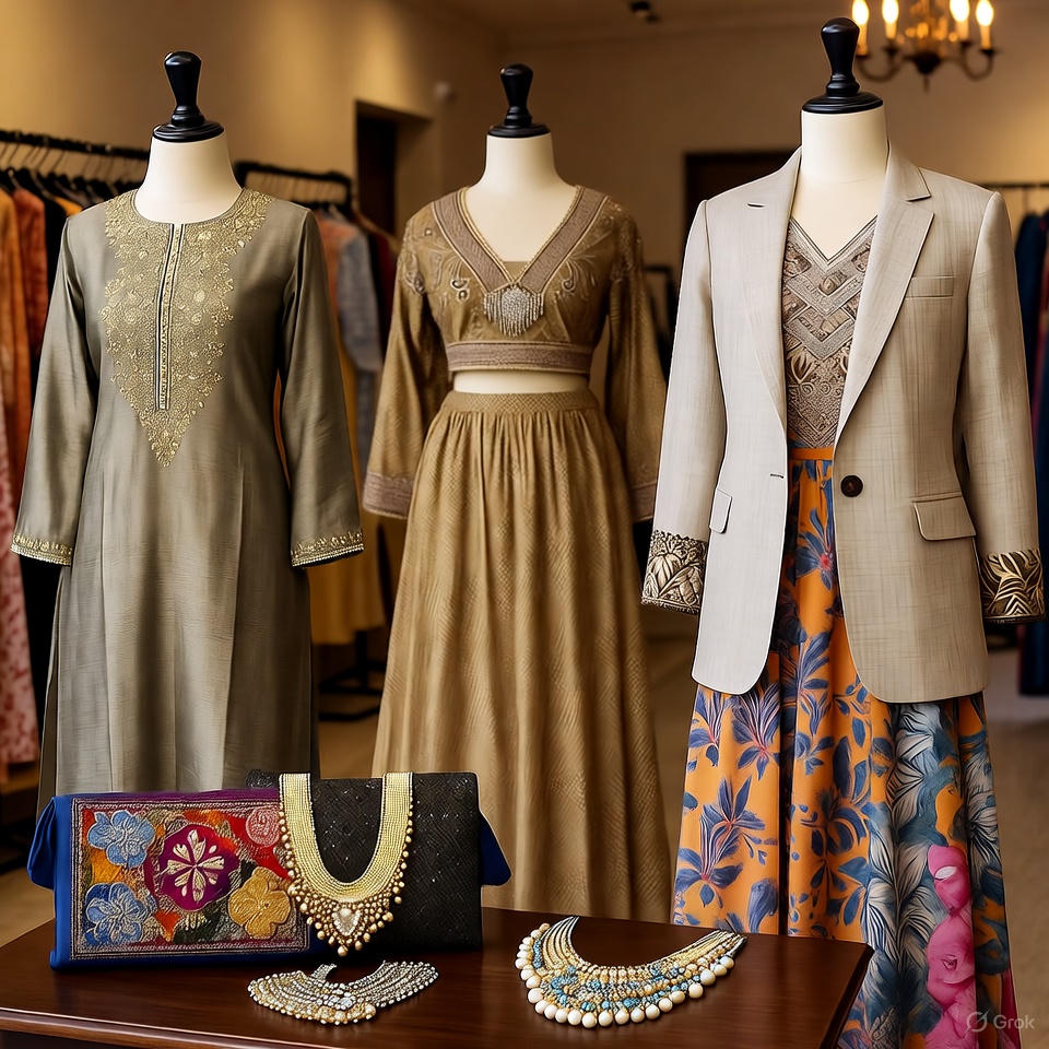 Fusion fashion garments blending traditional and modern aesthetics displayed elegantly.