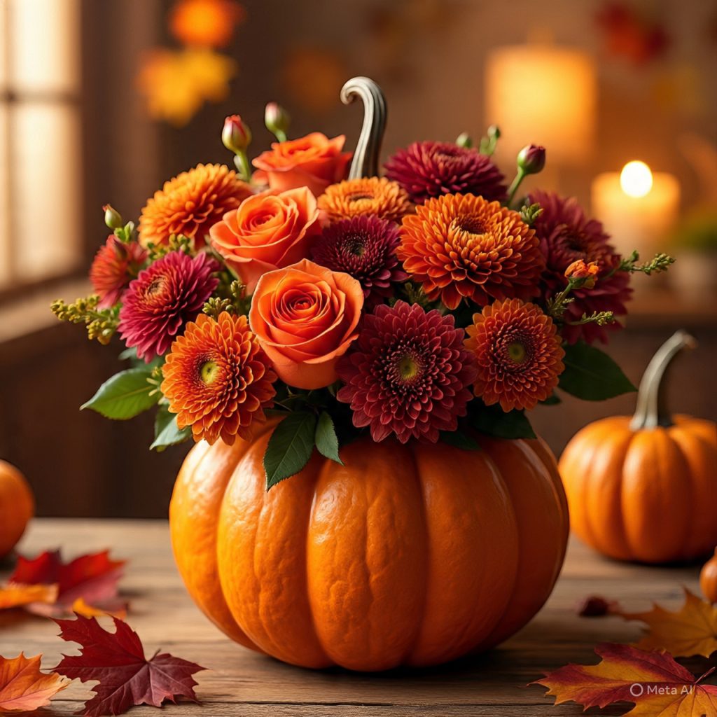 Bright fall floral arrangement in an orange pumpkin vase.