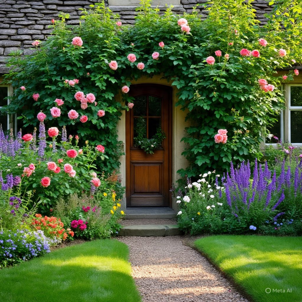 Cozy English cottage surrounded by lush flowers and winding garden paths.