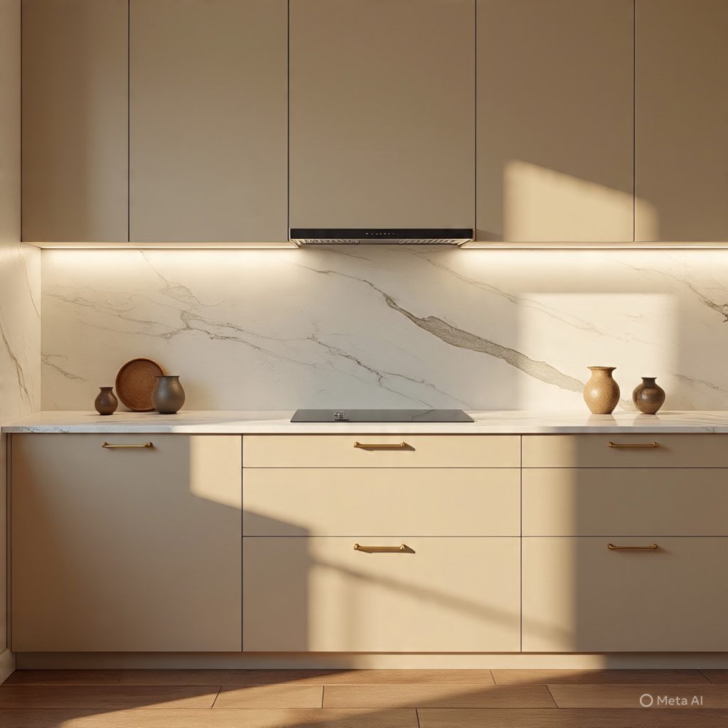 Beige cabinets with white marble counters and brass hardware.
