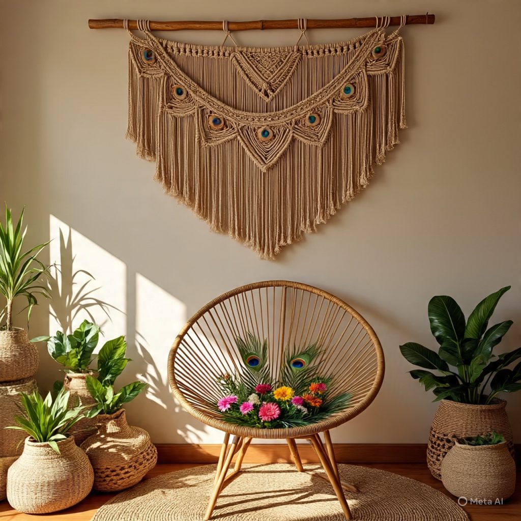 Boho living space with rattan chair, macramé wall art, and natural woven decor.