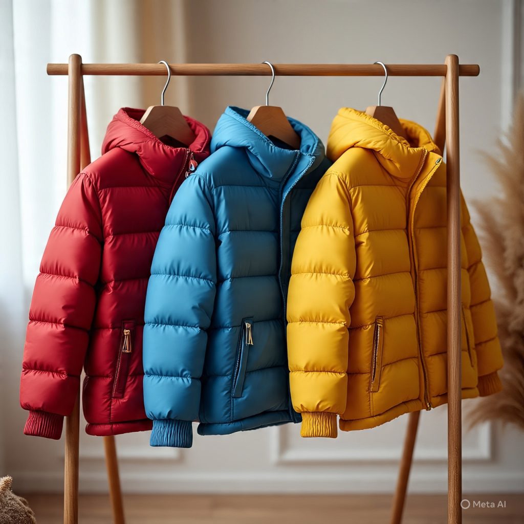 Beautiful garments for children including colorful puffer jackets designed for winter warmth
