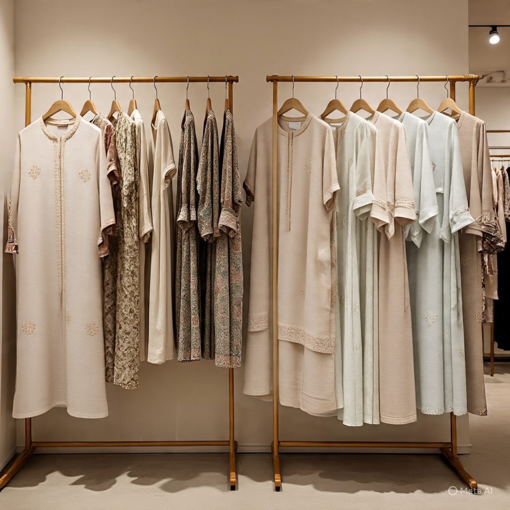 Linen kurtas with embroidery displayed on hangers.