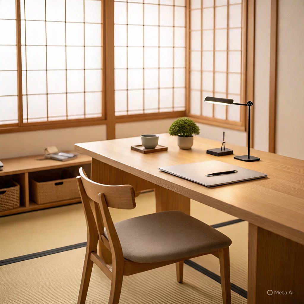 Minimal Japanese office with wooden desk and natural light.