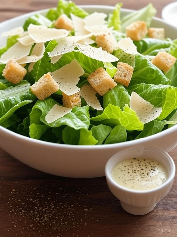 Salad ideas featuring a classic Caesar salad with romaine lettuce, crunchy croutons, and shaved Parmesan cheese