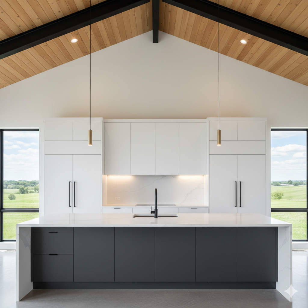 Minimalist barndominium kitchen with sleek white countertops.