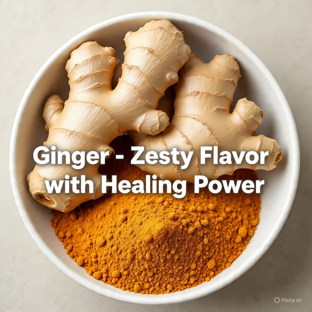 A bowl with fresh ginger roots and ground turmeric powder, with the overlaid text "Ginger - Zesty Flavor with Healing Power".