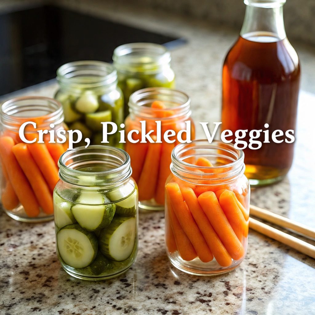 Homemade pickled carrots and cucumbers in glass jars.
