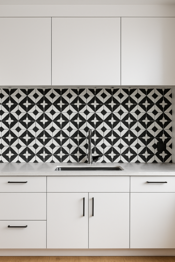 High-contrast backsplash in black and white kitchen.