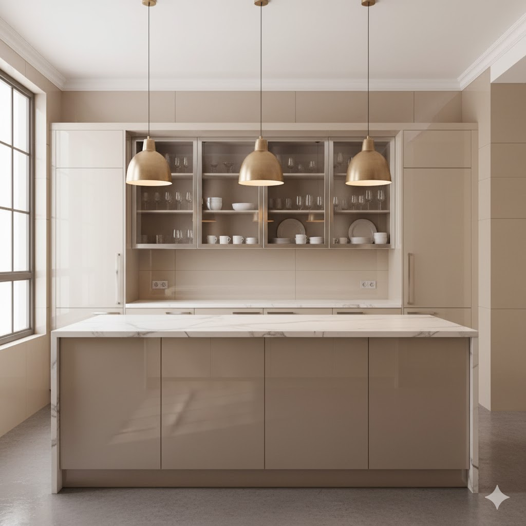 High-gloss beige kitchen with glass accents and metallic lights.