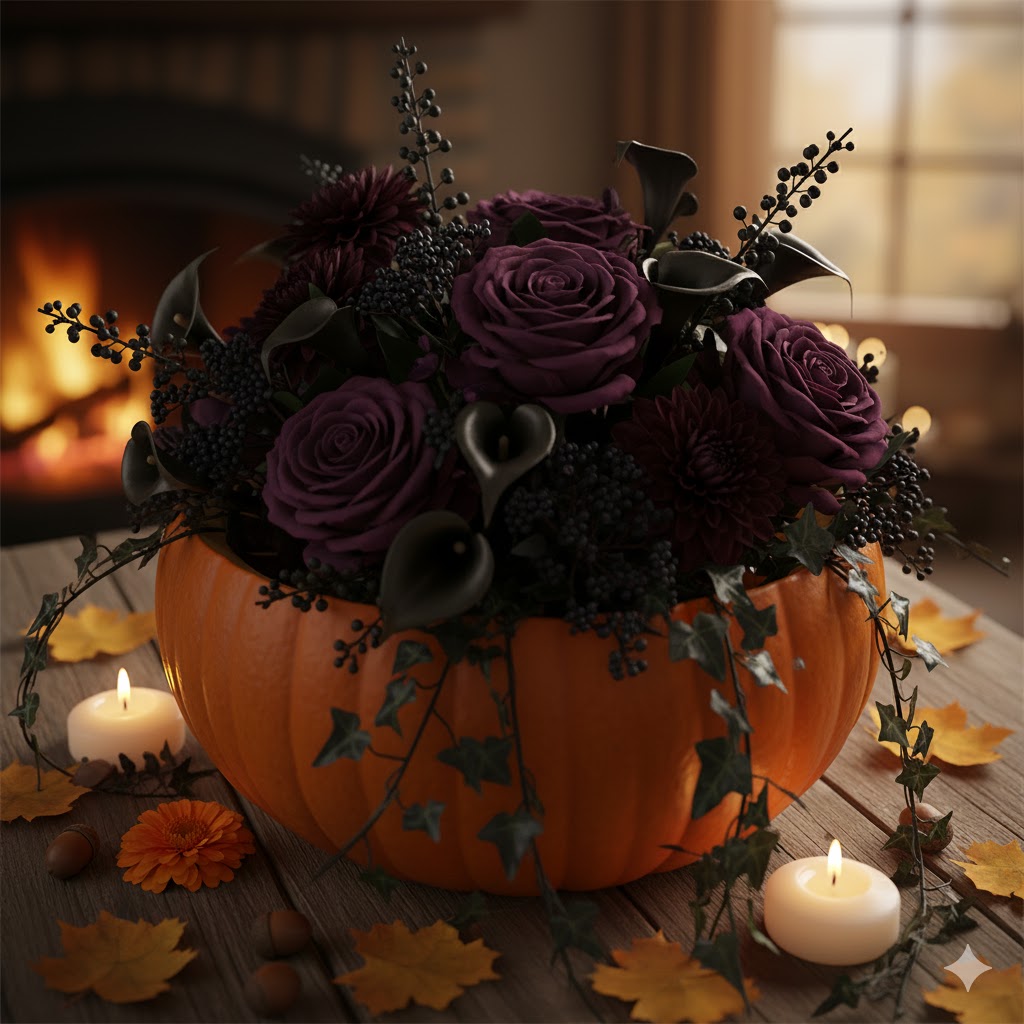 Halloween-themed floral pumpkin arrangement.