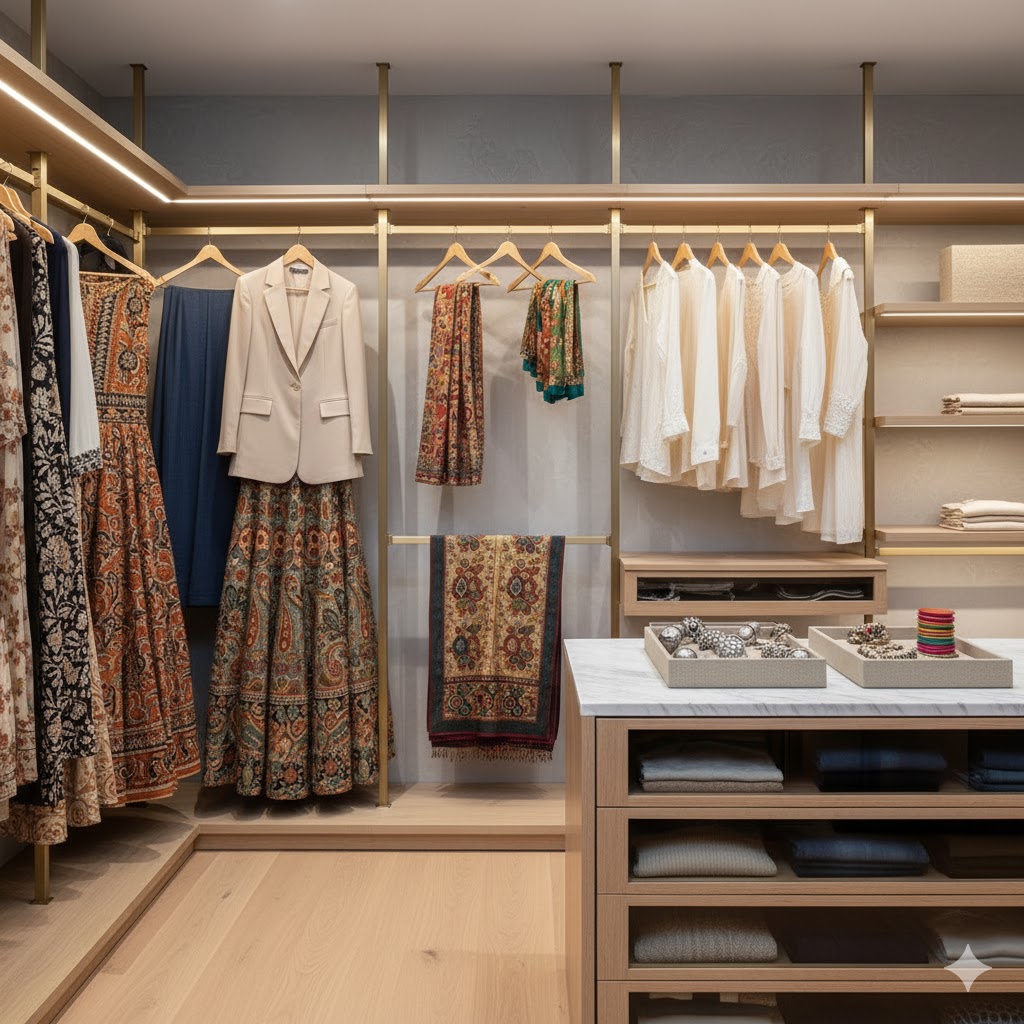 Stylish wardrobe showcasing a personal fusion fashion collection.