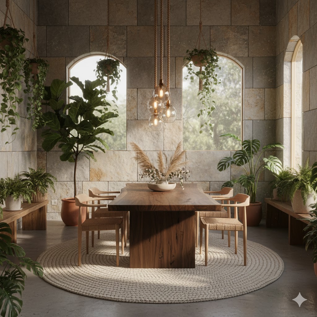 Nature-inspired dining room with wood table and green plants.