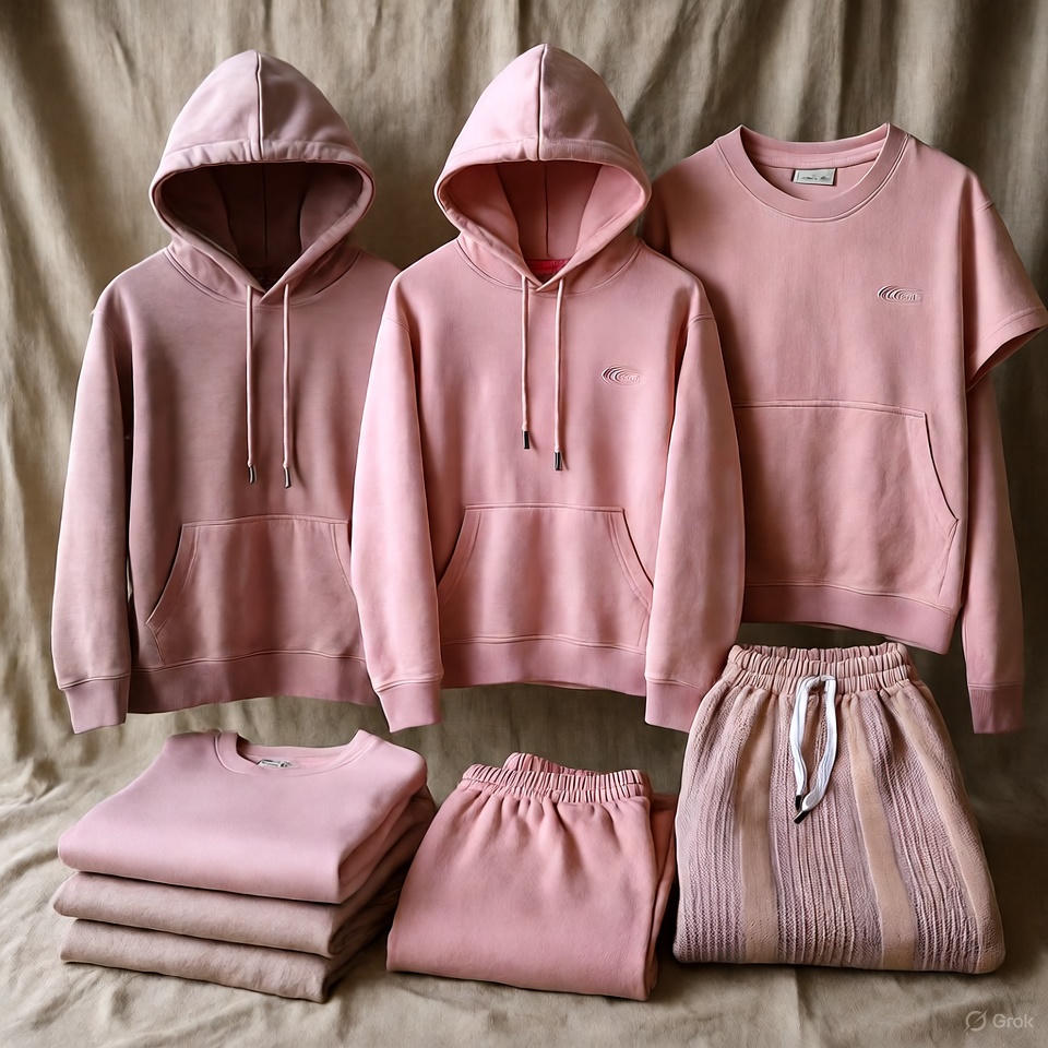Muted pink and dusty rose streetwear pieces reflecting modern elegance.