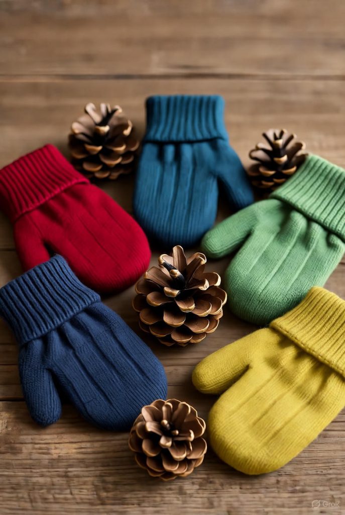 Soft and colorful mittens and gloves for children’s winter warmth.
