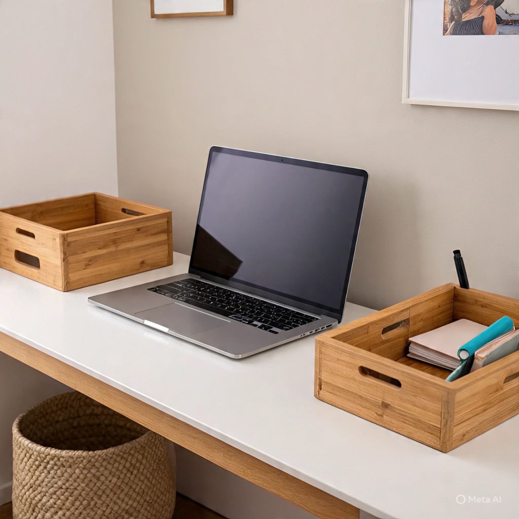Organized Japanese workspace with natural storage baskets.