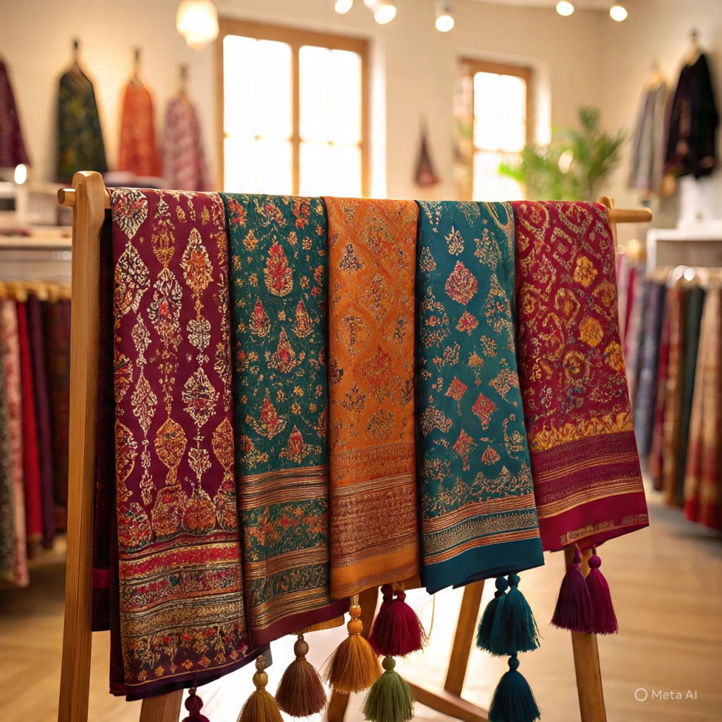 Bohemian printed dupattas on rack.