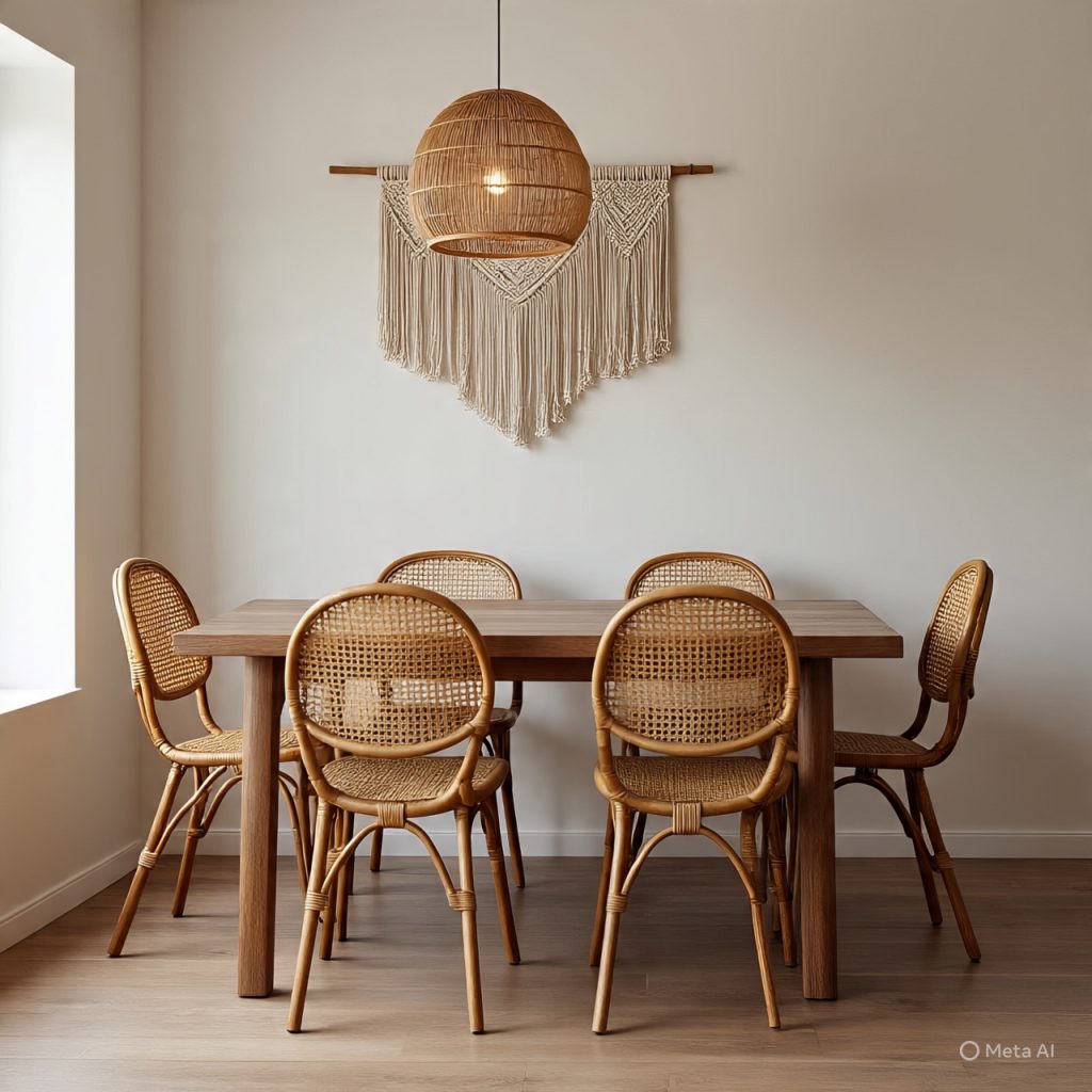 Scandinavian dining space with rattan chairs and macramé art.
