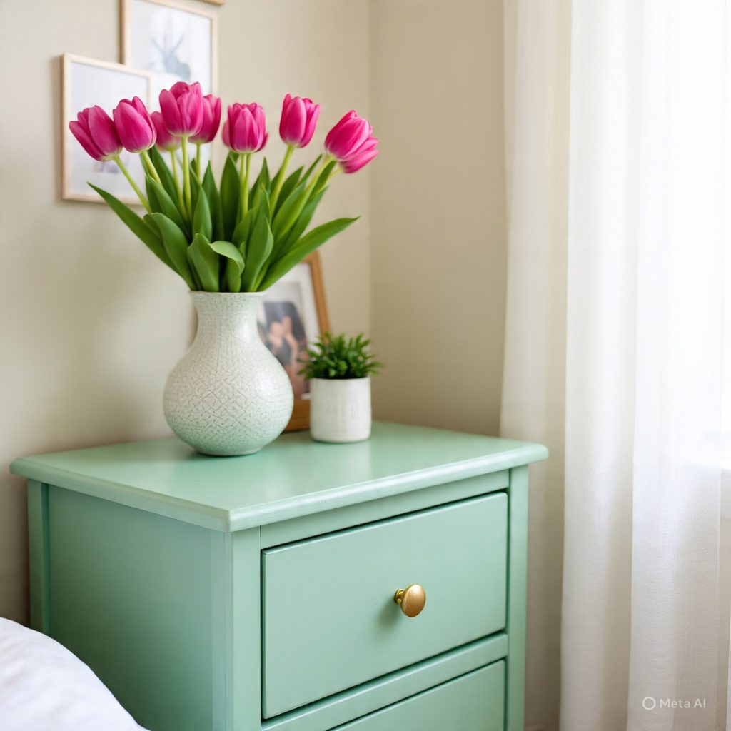 Refinished nightstand in pastel tones adds a spring touch.