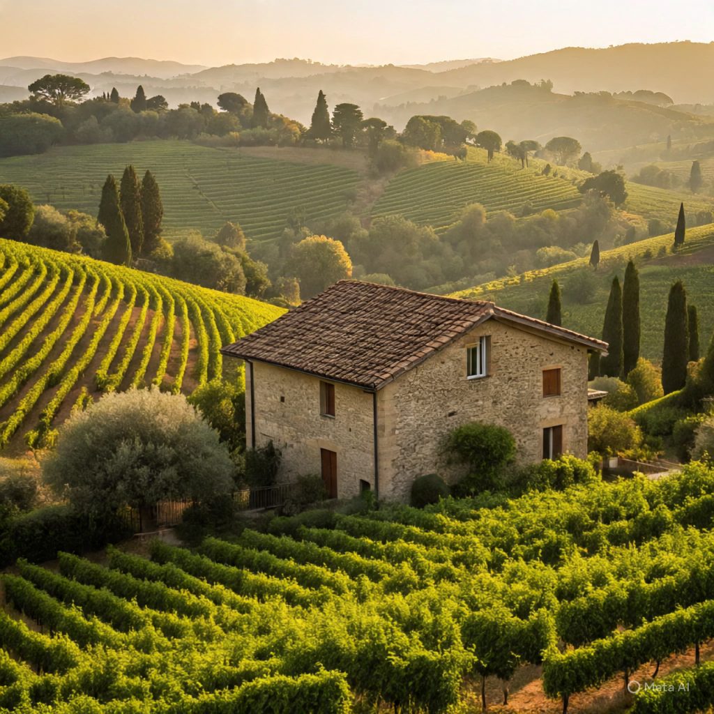 Italian villa surrounded by vineyard and olive grove.