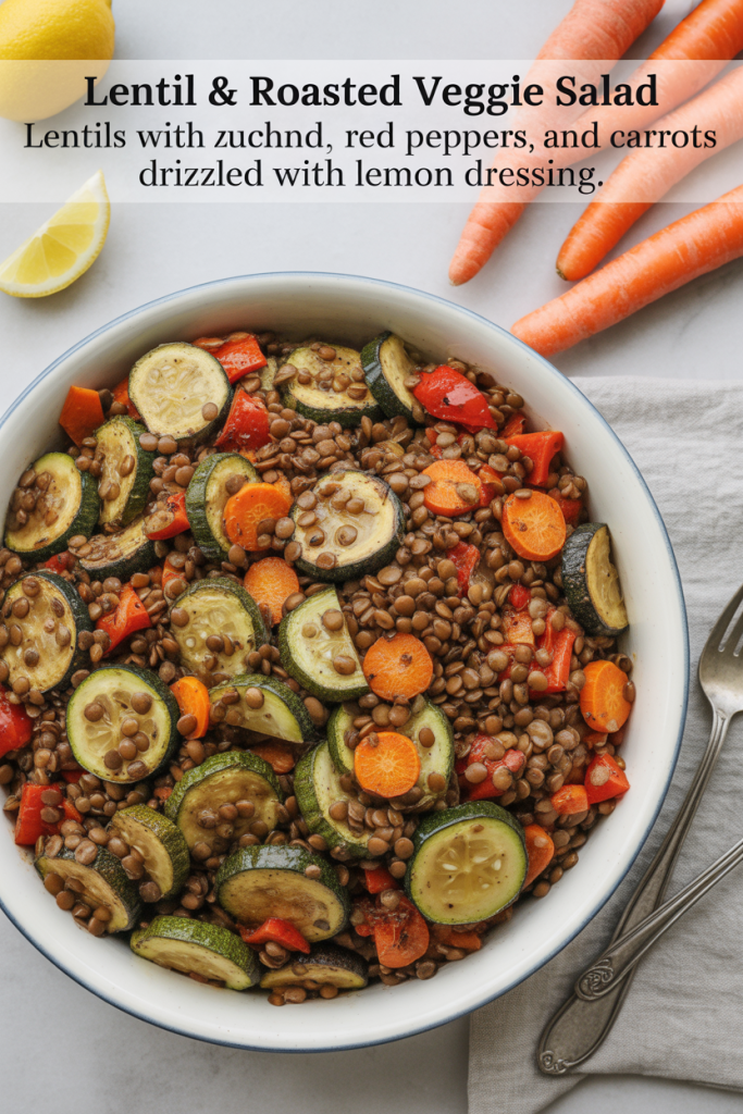  A bowl of lentil and roasted vegetable salad with zucchini, red peppers, and carrots, garnished with a lemon slice.