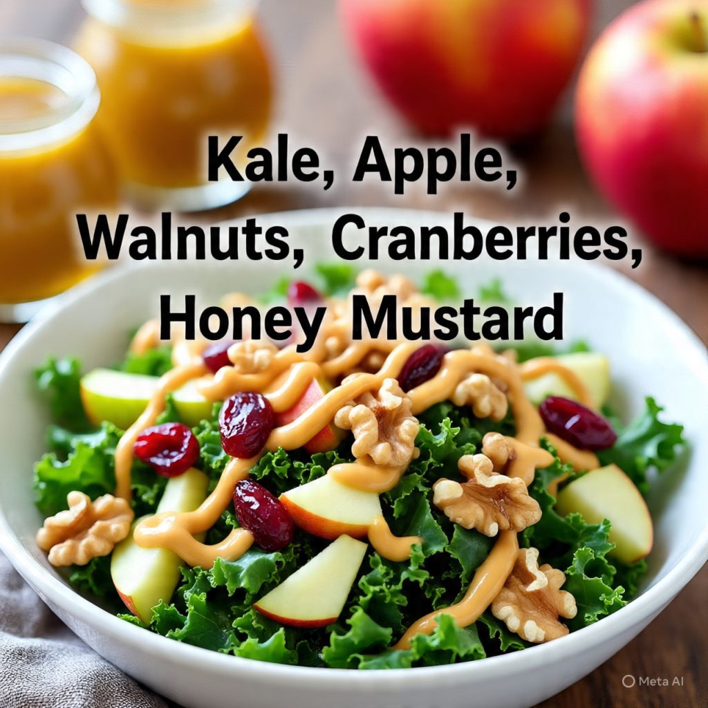 Kale salad with apples, walnuts, cranberries, and honey mustard dressing.