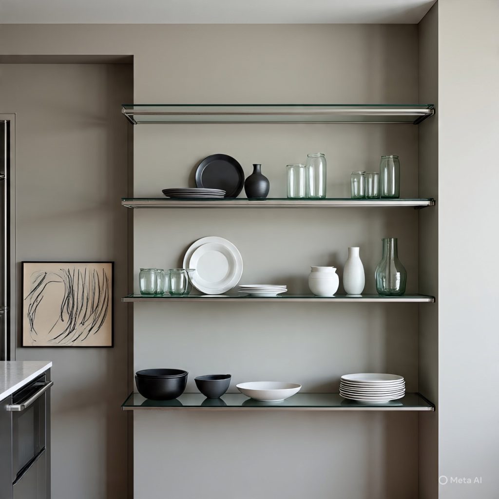 Open shelving barndominium kitchen with minimalist design.