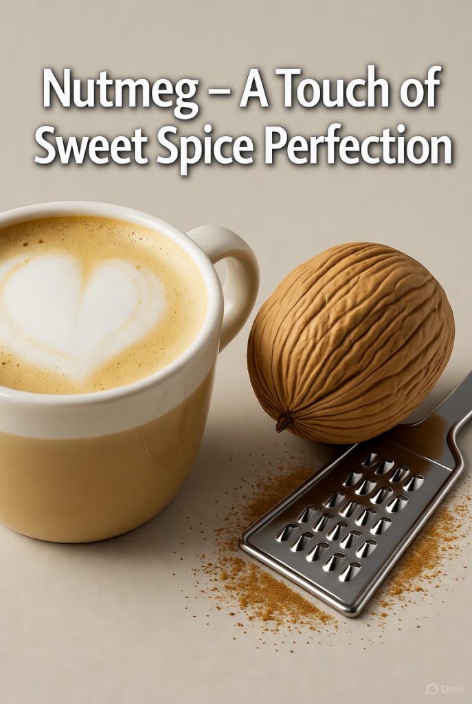 A cup of coffee with a heart design in the foam and a whole nutmeg seed on a spoon next to it. The text reads "Nutmeg - A Touch of Sweet Spice Perfection."