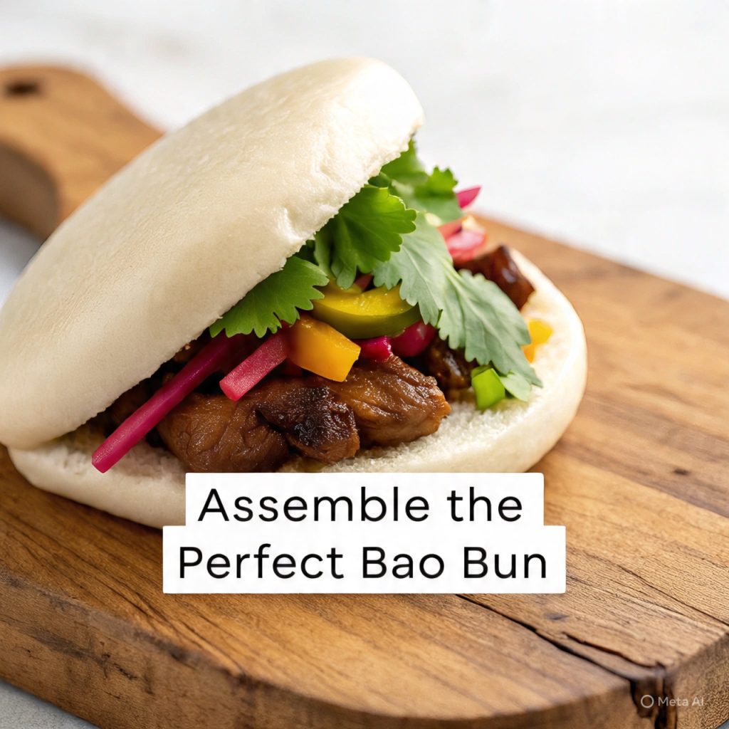 Bao bun being filled with Korean BBQ and veggies.