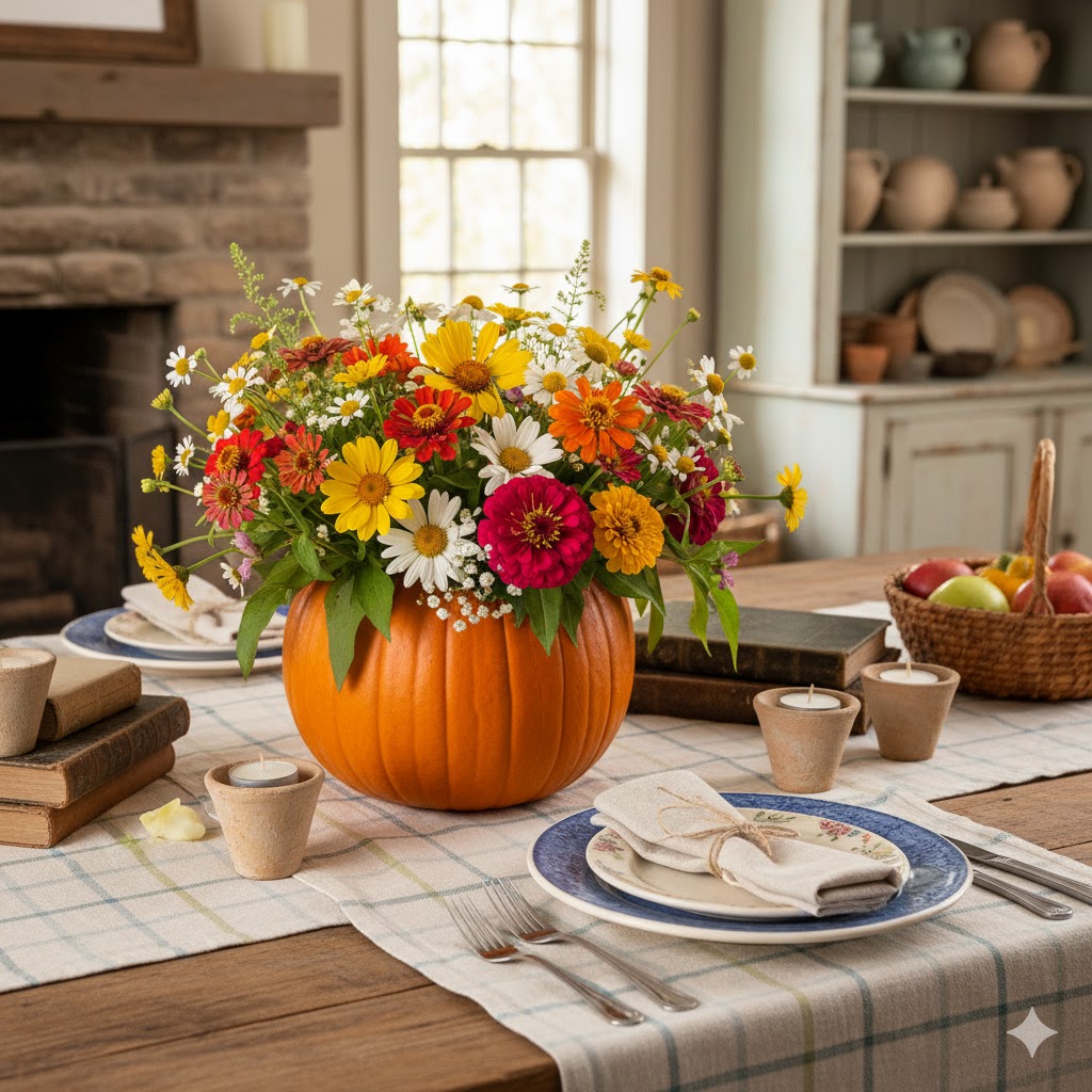 Country meadow-inspired pumpkin flower arrangement.