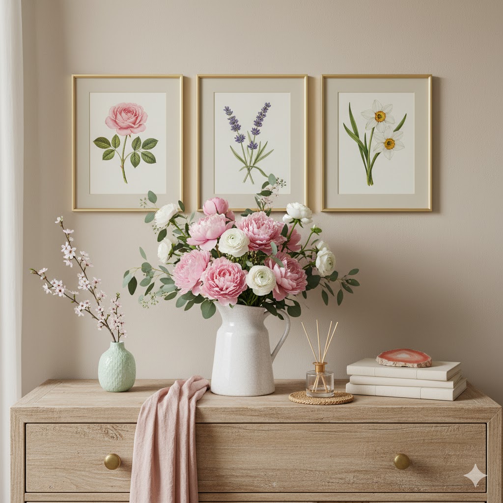 Seasonal spring vignette with florals and botanical art.