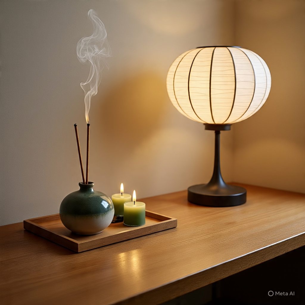 Japanese office with incense and diffuser creating a peaceful, focused workspace.