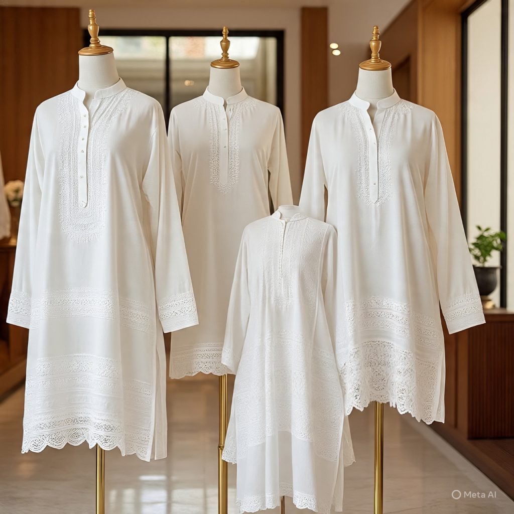 White chikankari tunics in display center.