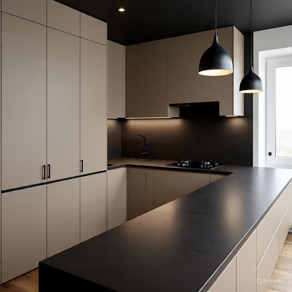 Beige and black kitchen with bold modern contrast.