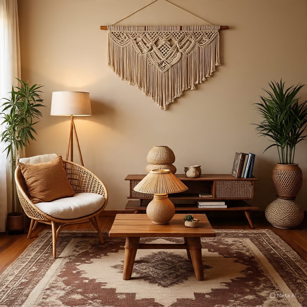 Eclectic room featuring macramé, wicker, and bamboo accents.