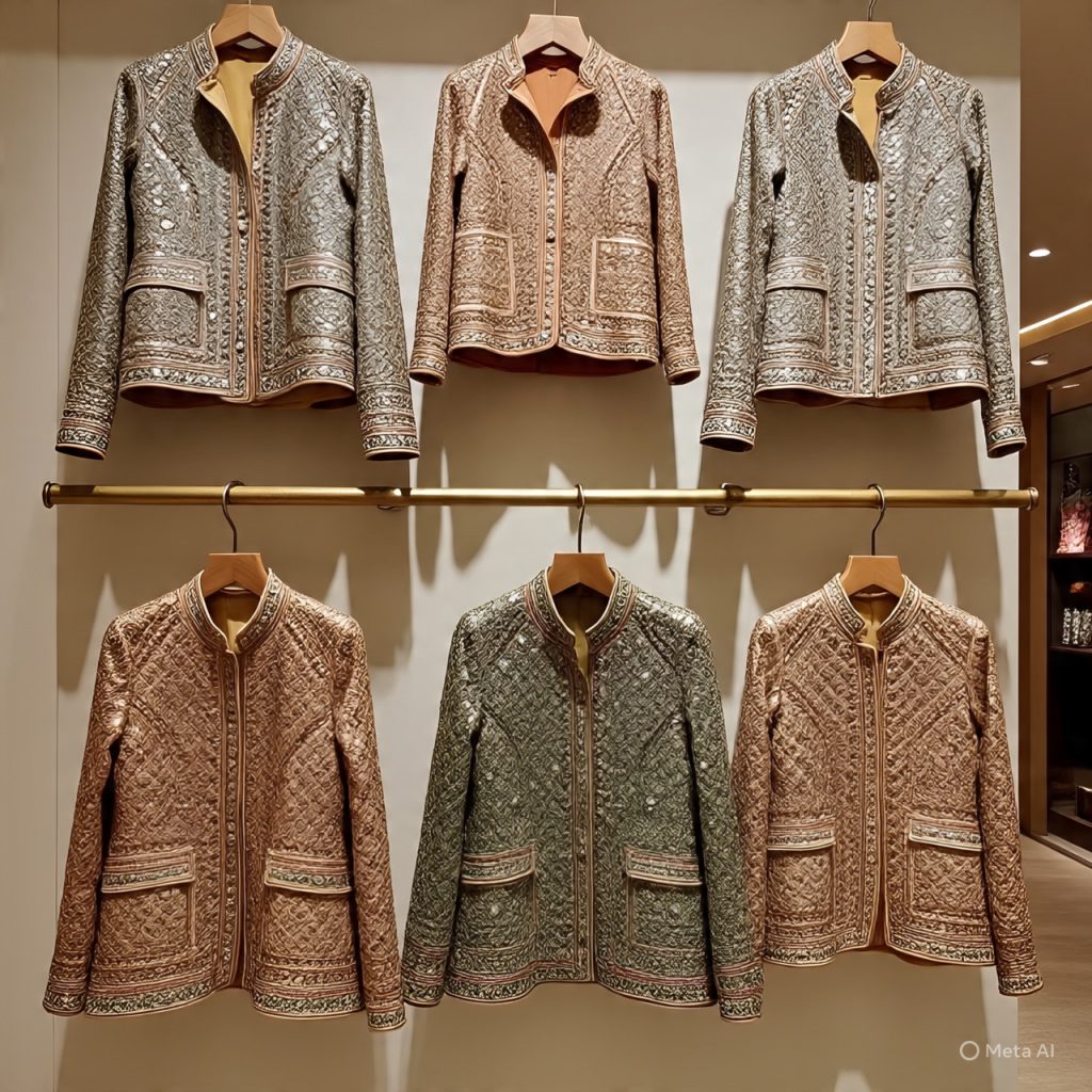 Mirror-work jackets on boutique wall.