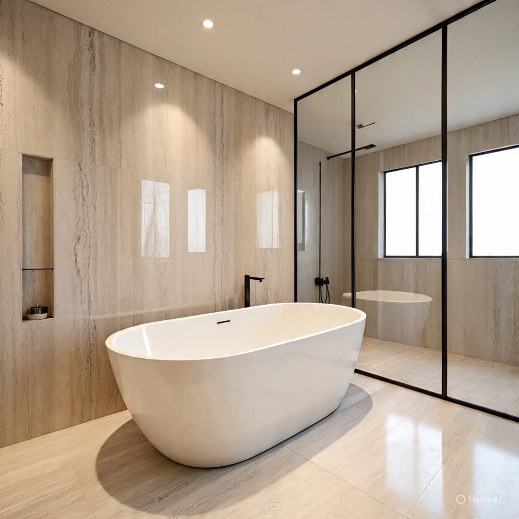 Elegant modern bathroom with bathtub and glass shower.