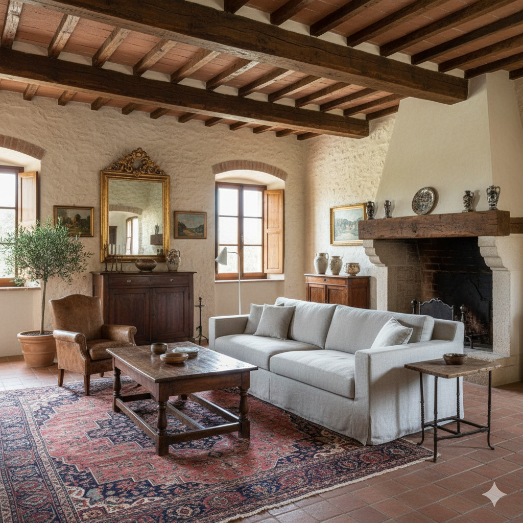 Blend of antique and modern furniture in rustic home.
